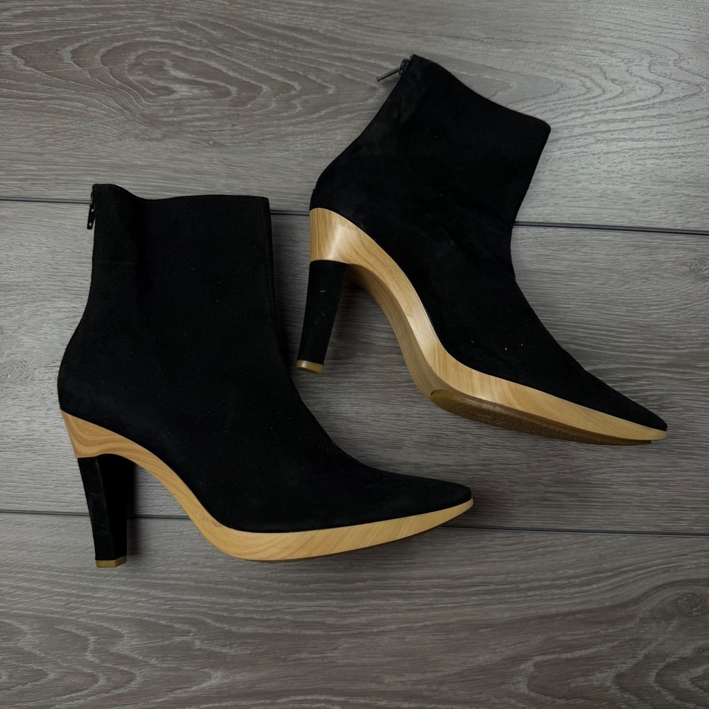 Charles Jourdan Womens Ankle Boot Suede Wood Sole Pointed Toe Black 10 M